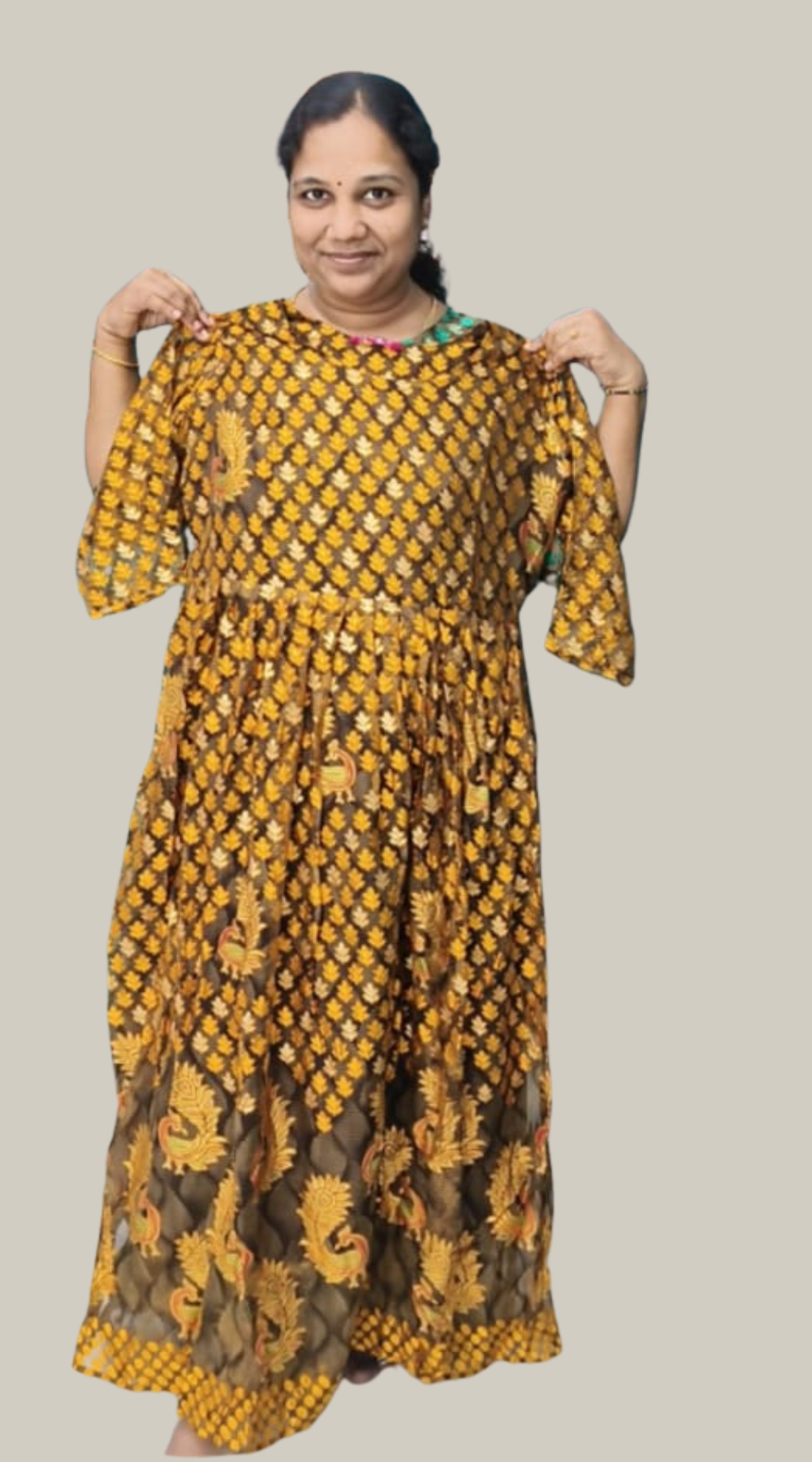 Green and Golden Brasso Silk Anarkali Long Kurti with Lining