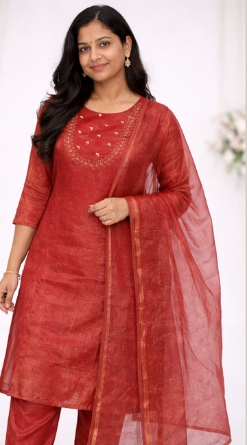 Maroon Hand work Embroidered Tissue Silk Kurti with Dupatta