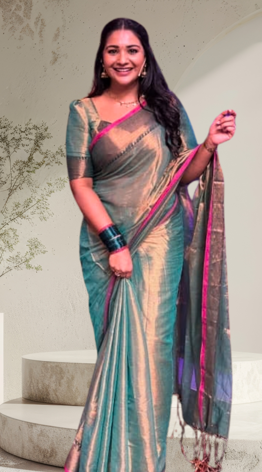 Golden Mint Green Raga Tissue Silk Saree with Running Blouse