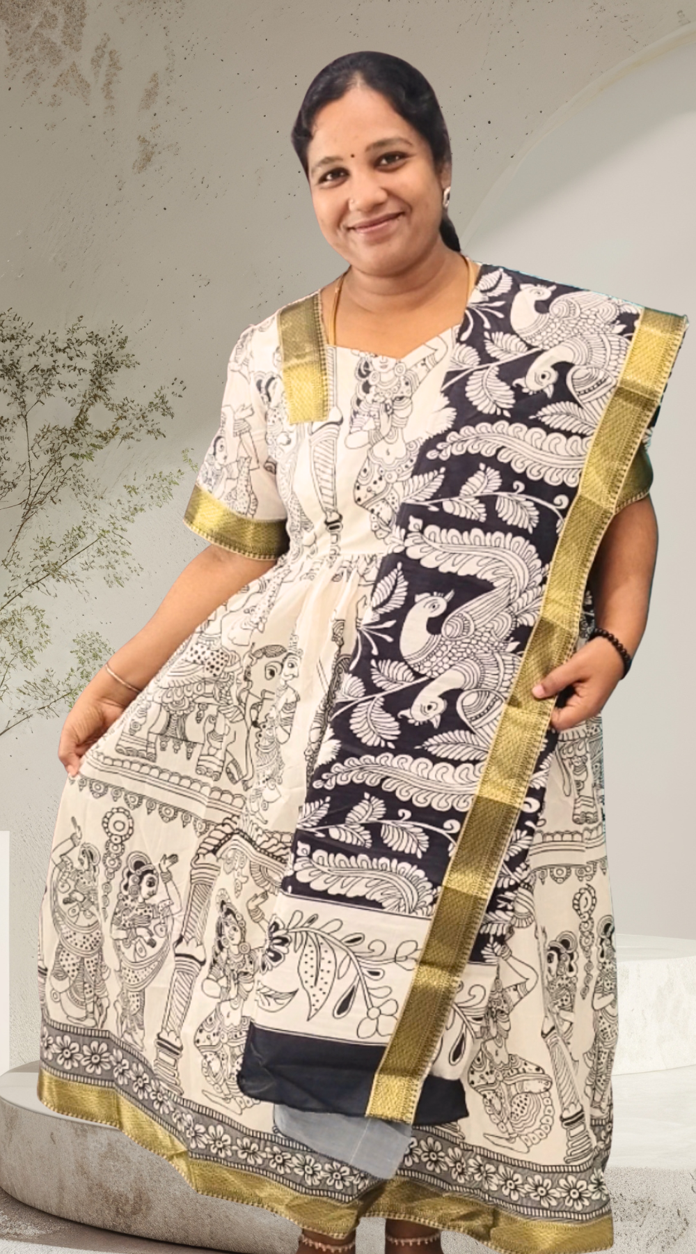 Dola Silk Kalamkari Print Puff Sleeve Gown with Dupatta Set