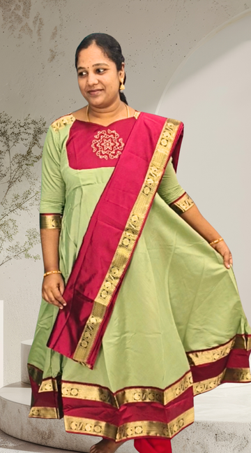 Pastel Green Designer Russian Silk Maxi Kurti with Dupatta Set