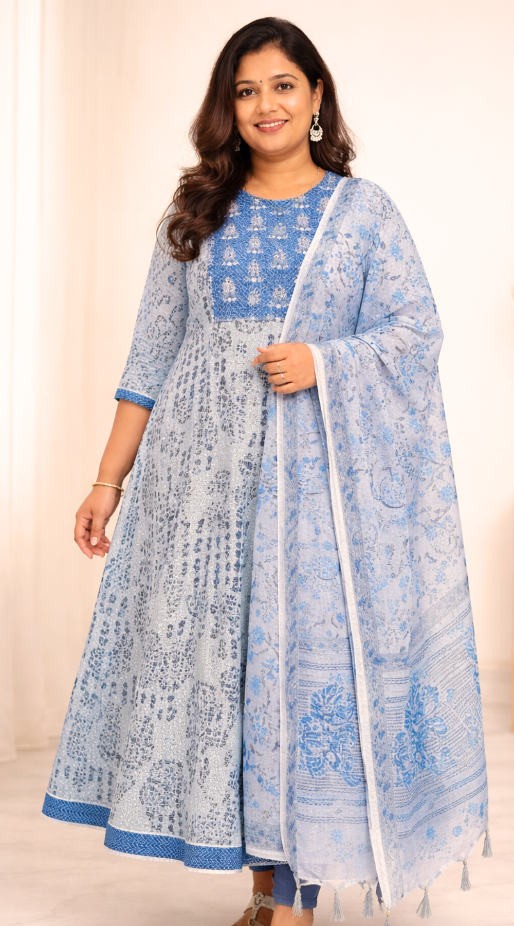 Blue shade Premium Silk Anarkali Kurti Set with Matching Dupatta