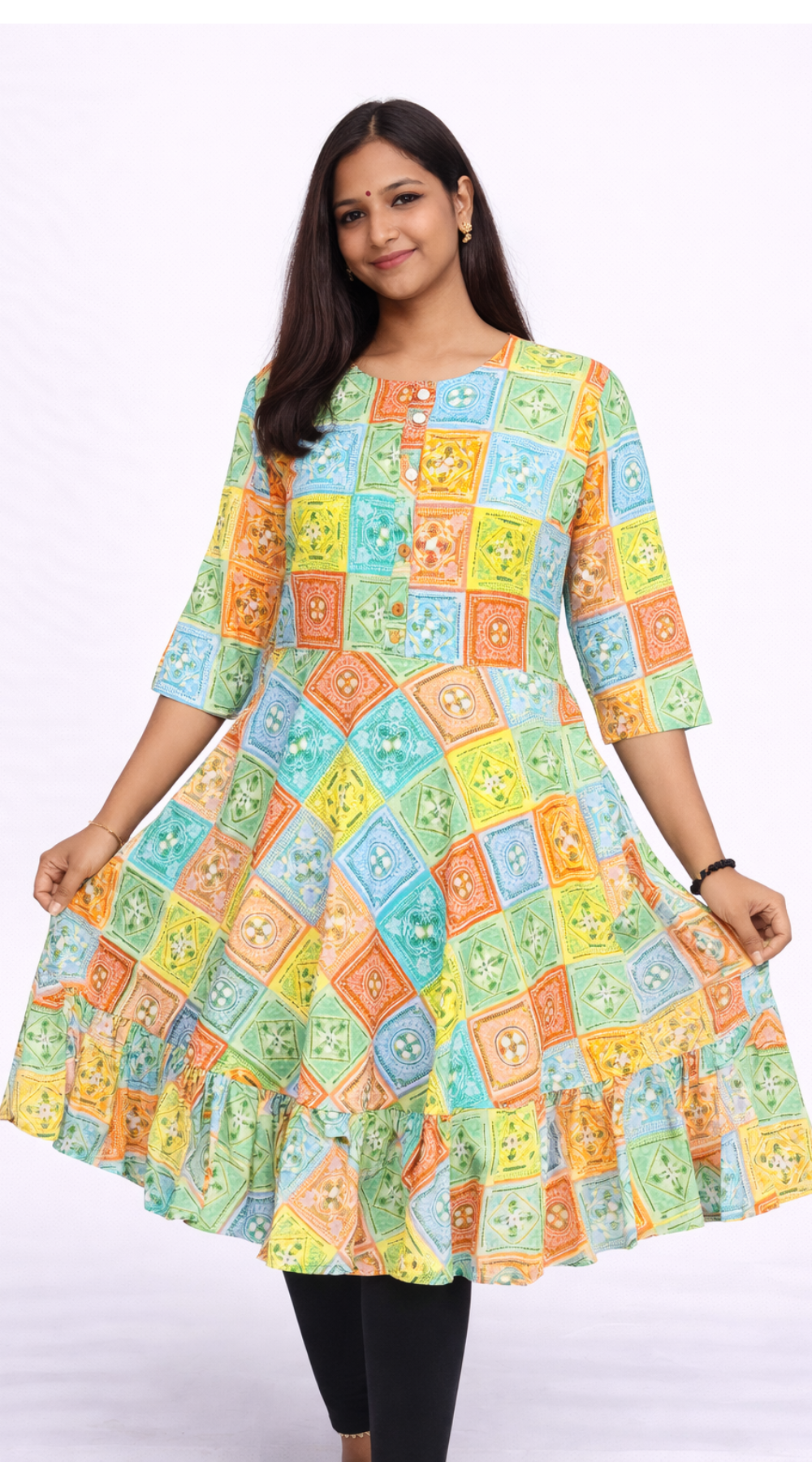 Multicolour Rajasthani Popcorn Lightweight Umbrella Kurti for Women