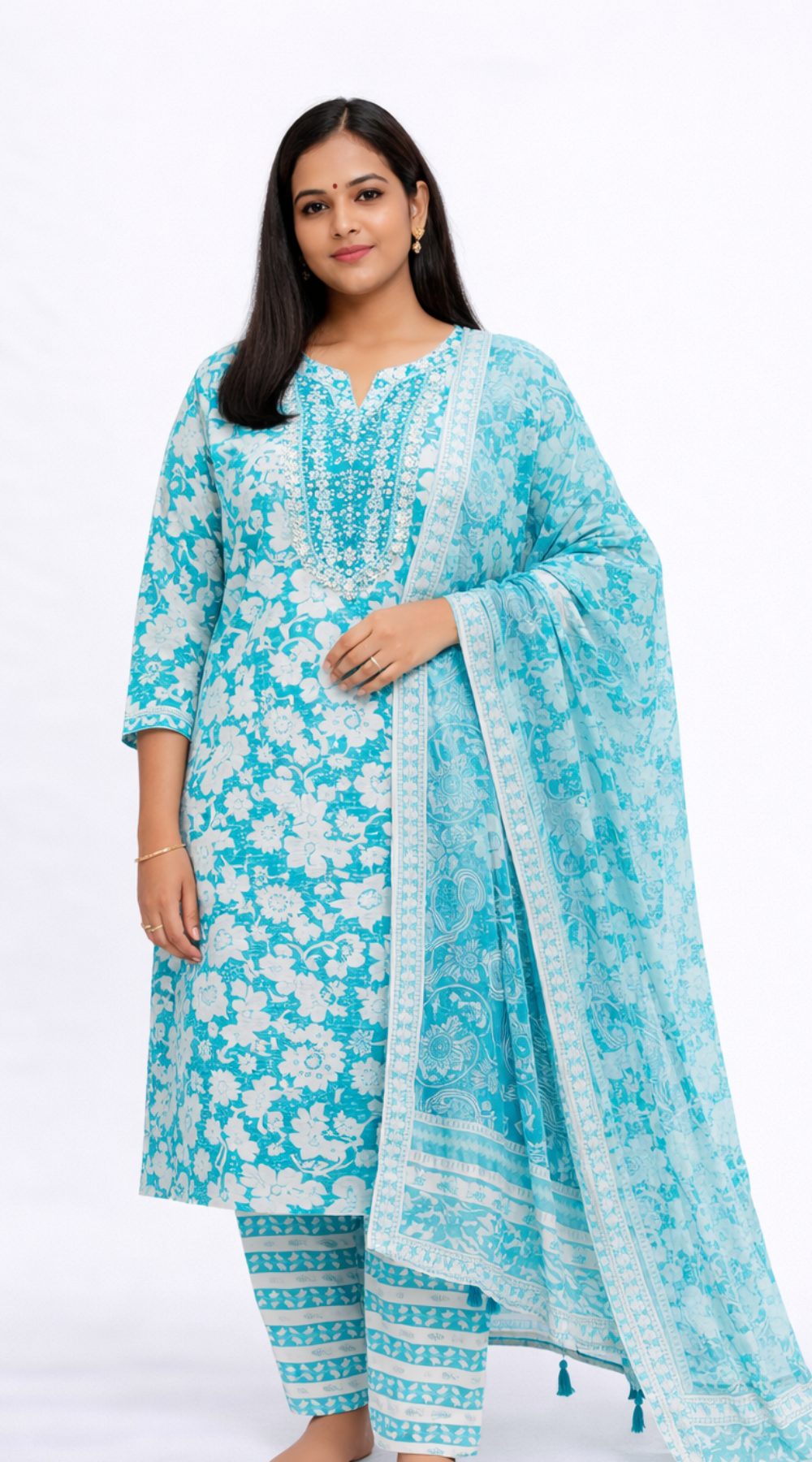 Aqua Blue Floral Cotton 3 Piece Kurti Pant Dupatta Set for Women