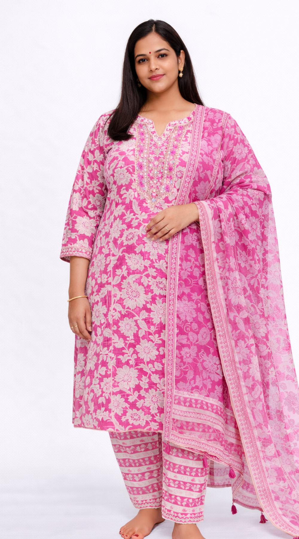Pink Cotton 3 Piece Kurti Set with Dupatta - Office wear