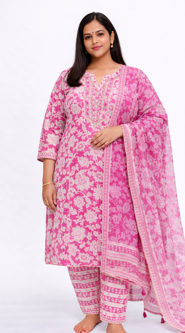 Pink Cotton 3 Piece Kurti Set with Dupatta - Office wear