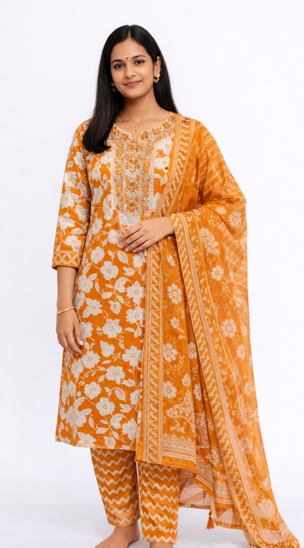 Mustard shade Cotton 3 Piece Kurti Pant Set with Dupatta