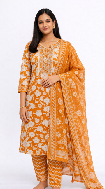 Mustard shade Cotton 3 Piece Kurti Pant Set with Dupatta