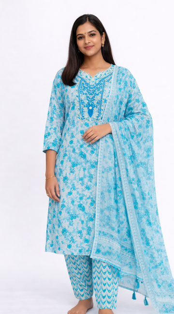 Aqua Blue Cotton 3 Piece Kurti Pant Set with Dupatta