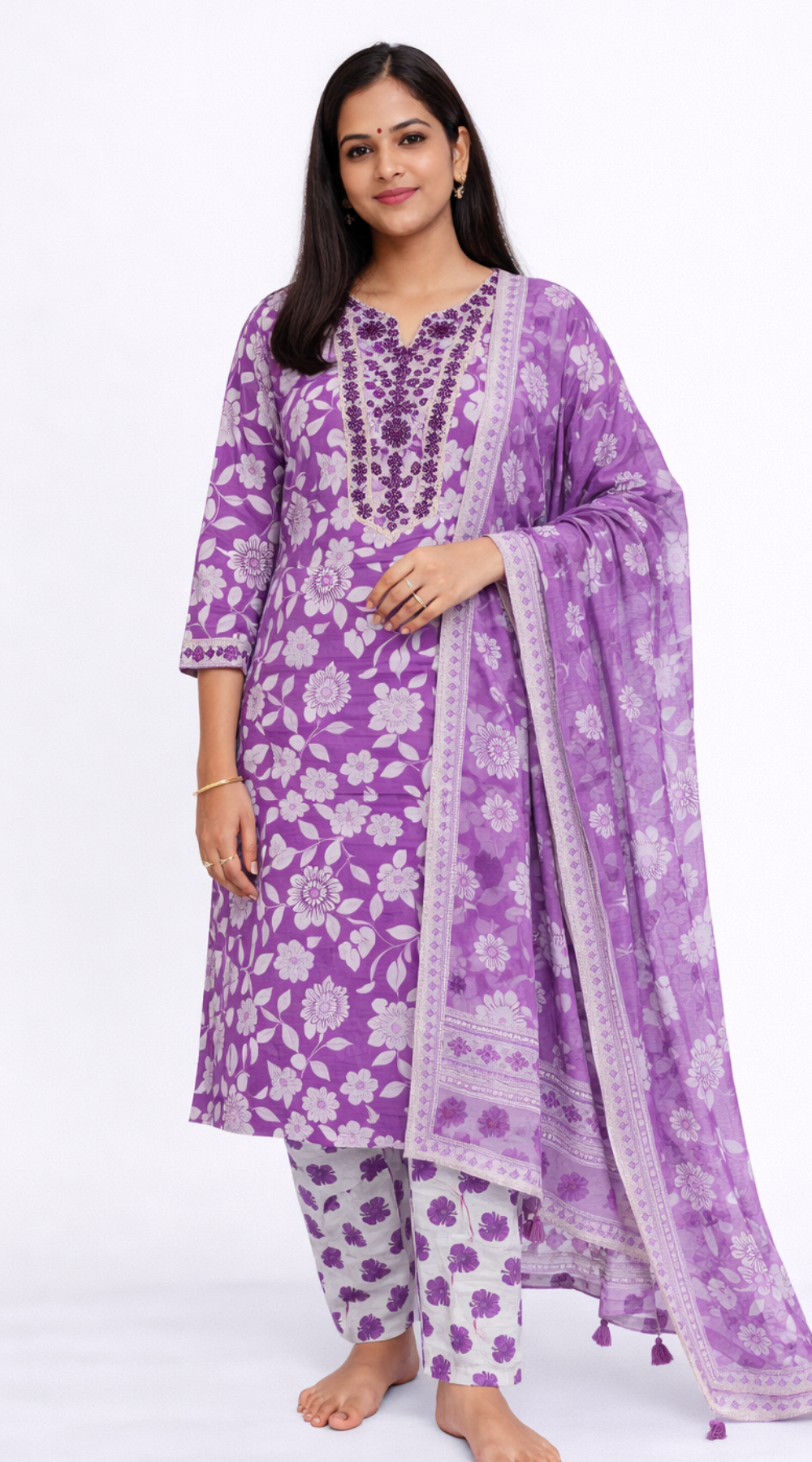 Violet  Cotton 3 Piece Kurti Pant Set with Dupatta