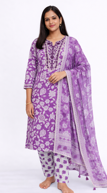 Violet  Cotton 3 Piece Kurti Pant Set with Dupatta