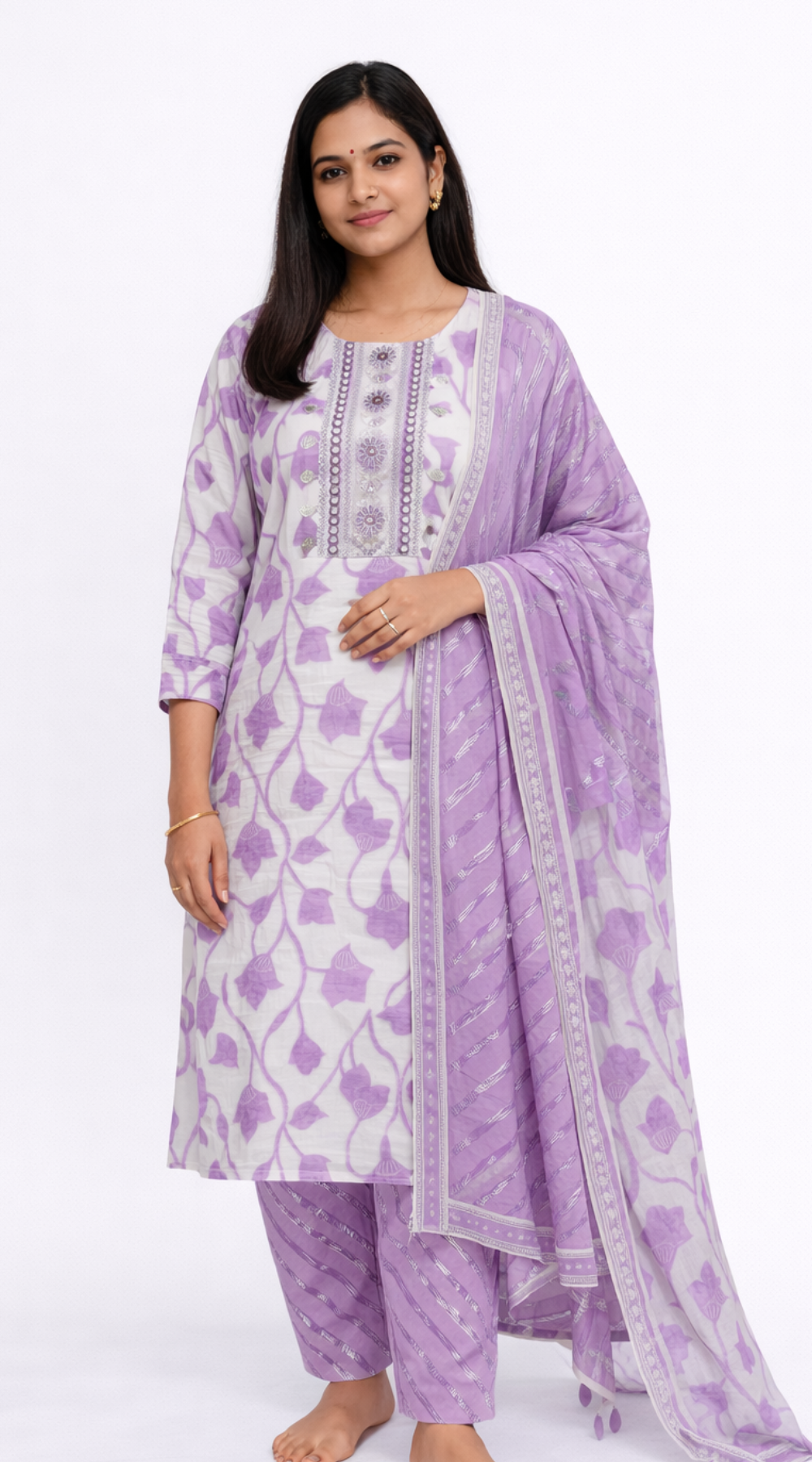 Lavender Cotton 3 Piece Kurti Pant Set with Dupatta