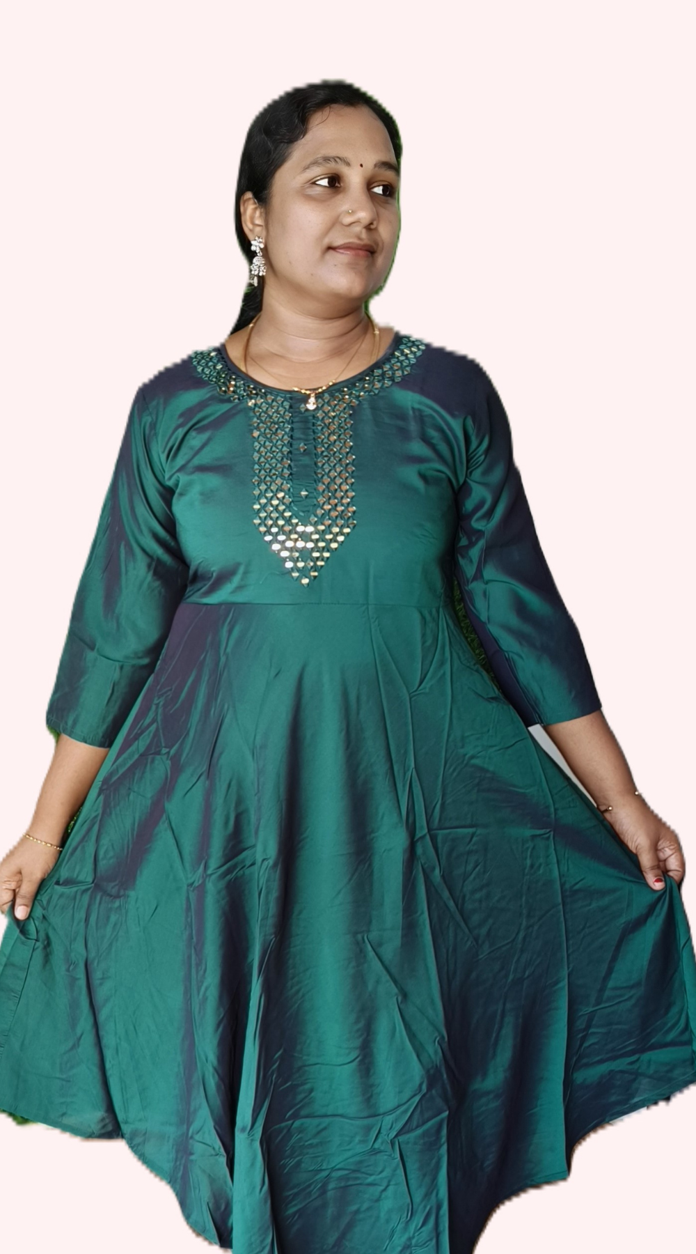 Green Silk Mirror Work Umbrella Lining Kurti