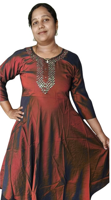 Maroon Silk Mirror Work Umbrella Kurti with Complete lining