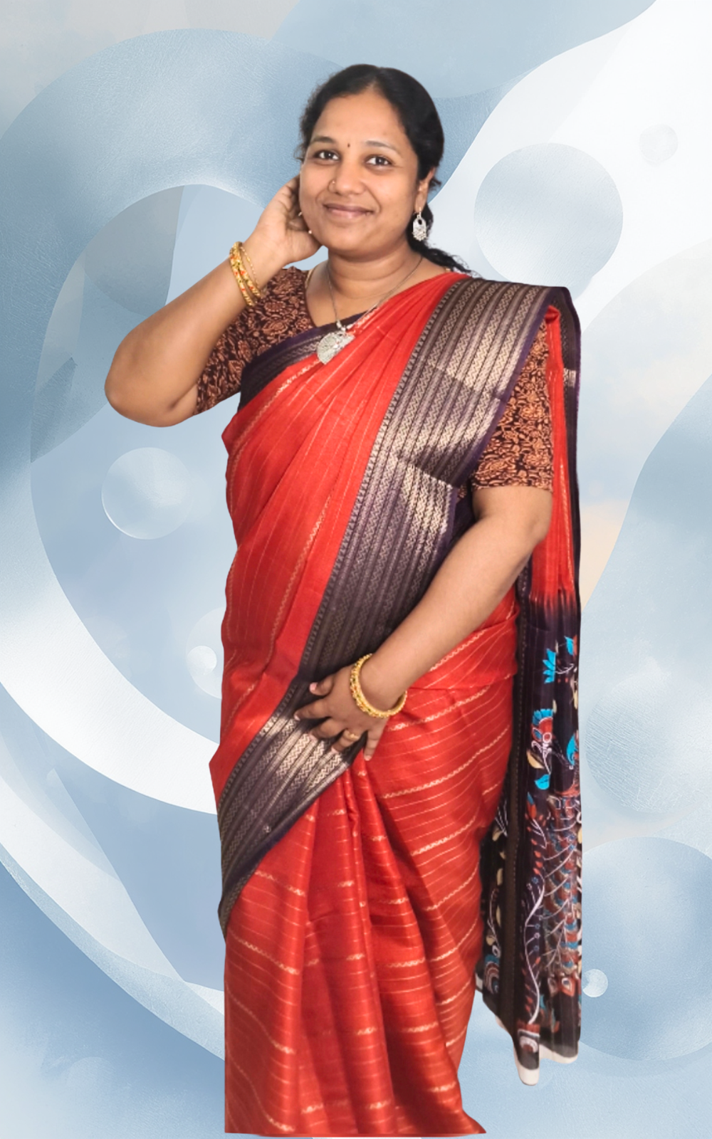 Rustic Orange Dola Silk Saree with Kalamkari Pallu and Bordered Blouse