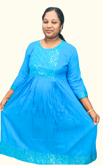 Sky Blue Rayon Umbrella Kurti with Sequence work Yoke