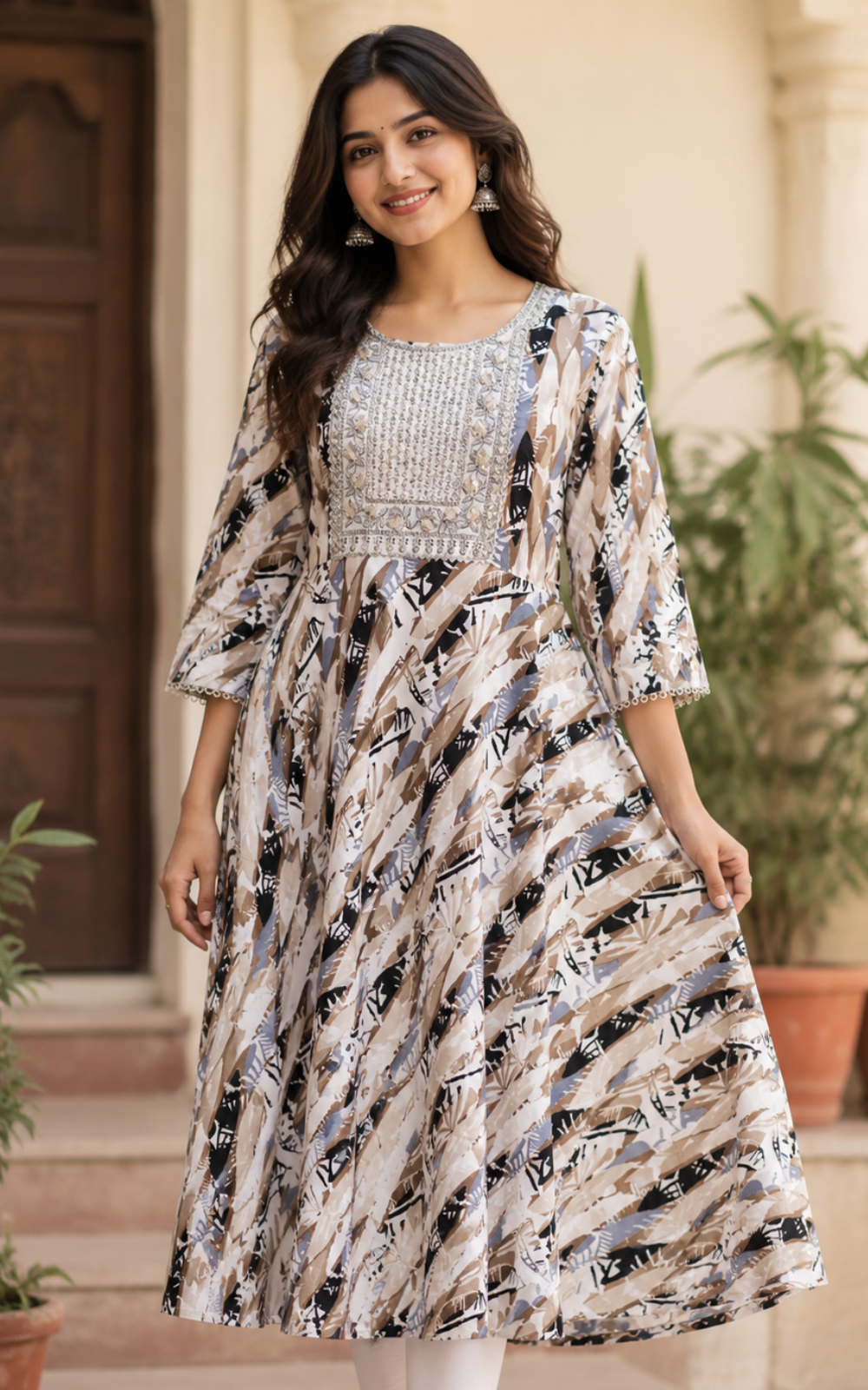 Brown Shade Popcorn Printed Umbrella Kurti with Embroidered Yoke
