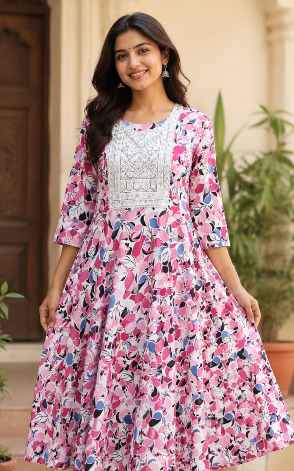Pink Shade Popcorn Printed Umbrella Kurti with Embroidered Yoke
