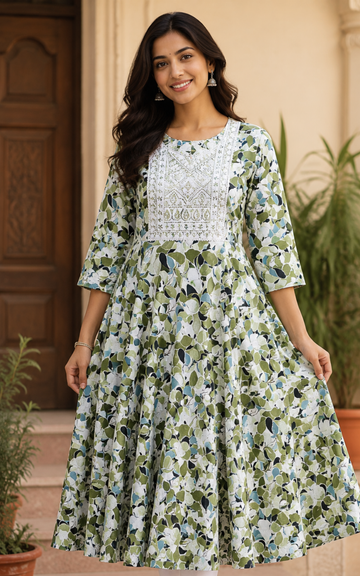 Green Shade Popcorn Printed Umbrella Kurti with Embroidered Yoke