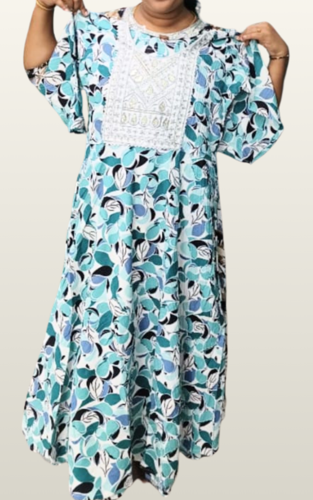Blue Shade Popcorn Printed Umbrella Kurti with Embroidered Yoke