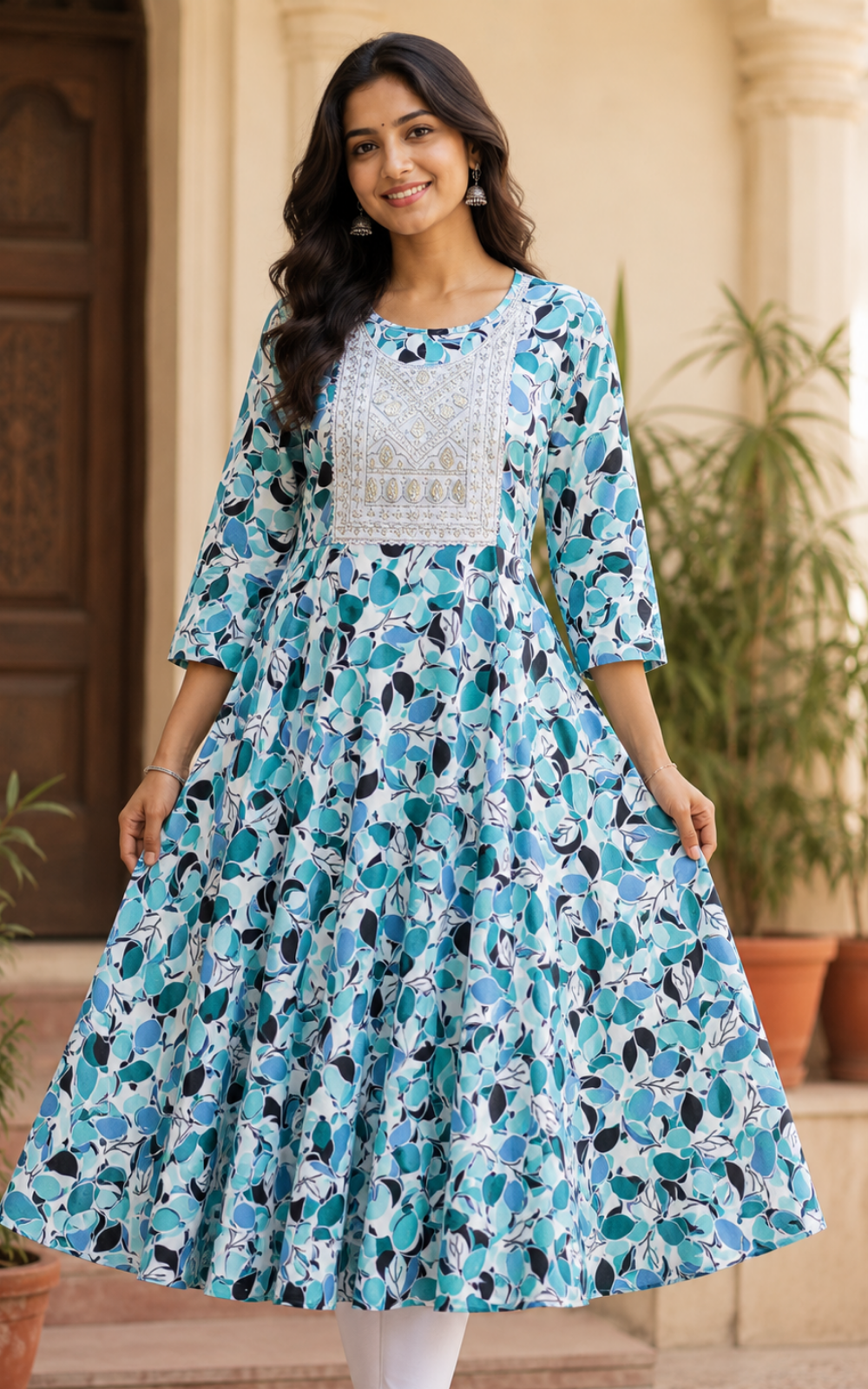 Blue Shade Popcorn Printed Umbrella Kurti with Embroidered Yoke