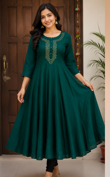 Green Silk Mirror Work Umbrella Lining Kurti