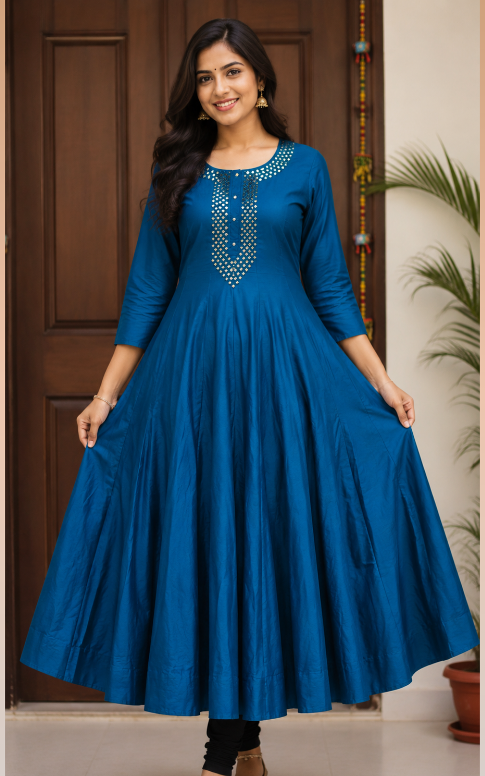 Peacock Blue Silk Mirror Work Umbrella Kurti with Crepe Lining
