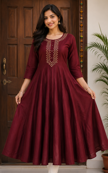 Maroon Silk Mirror Work Umbrella Kurti with Complete lining