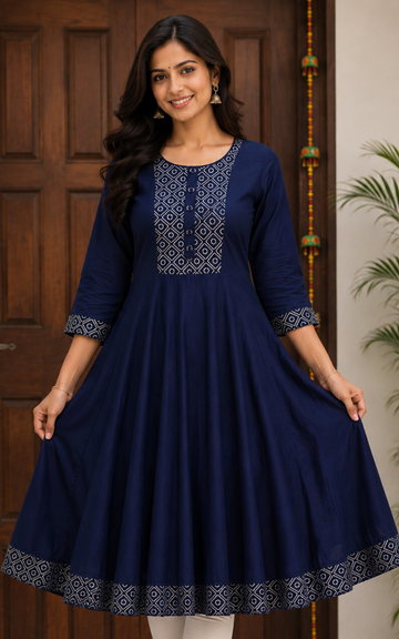 Navy Blue Rayon Umbrella Kurti with Sequence work Yoke