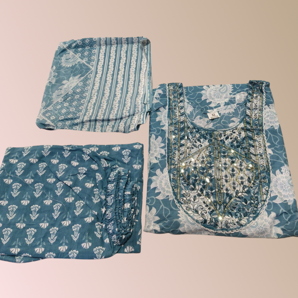 Blue Cotton 3 Piece Kurti Pant Set with Dupatta - Office wear (Plus size)
