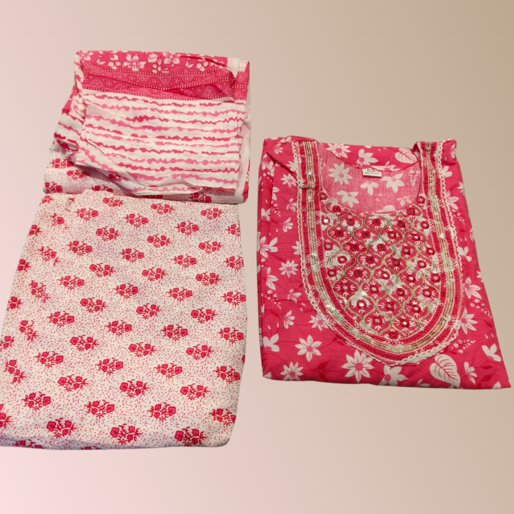 Pink Cotton 3 Piece Kurti Set with Dupatta | Office wear Suit (PLUS SIZE)