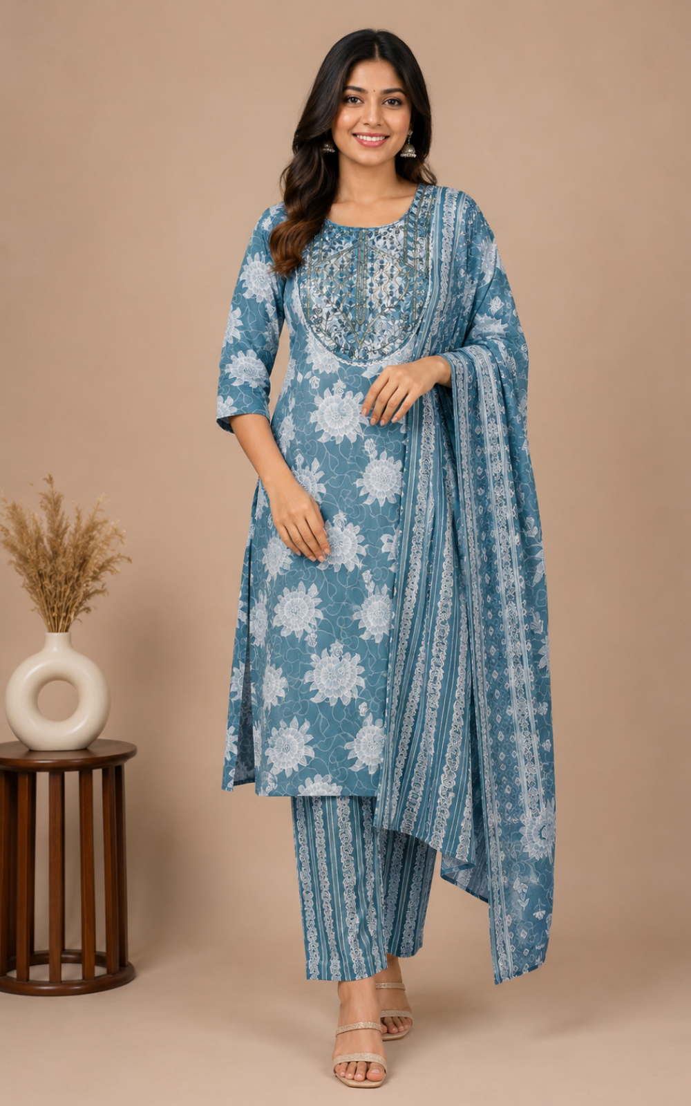 Blue Cotton 3 Piece Kurti Pant Set with Dupatta - Office wear (Plus size)