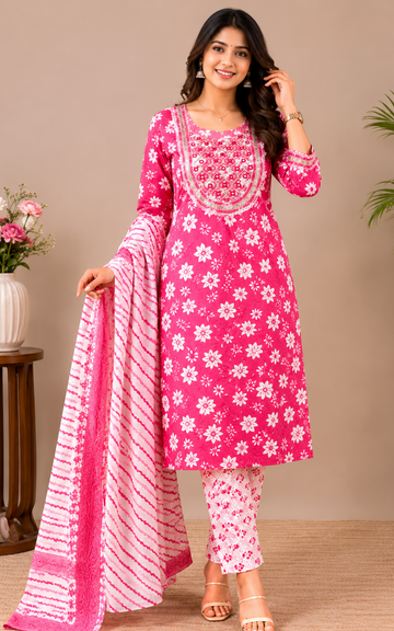 Pink Cotton 3 Piece Kurti Set with Dupatta | Office wear Suit (PLUS SIZE)