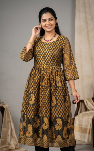 Mustard with Grey Brasso Silk Anarkali Long Kurti with Lining
