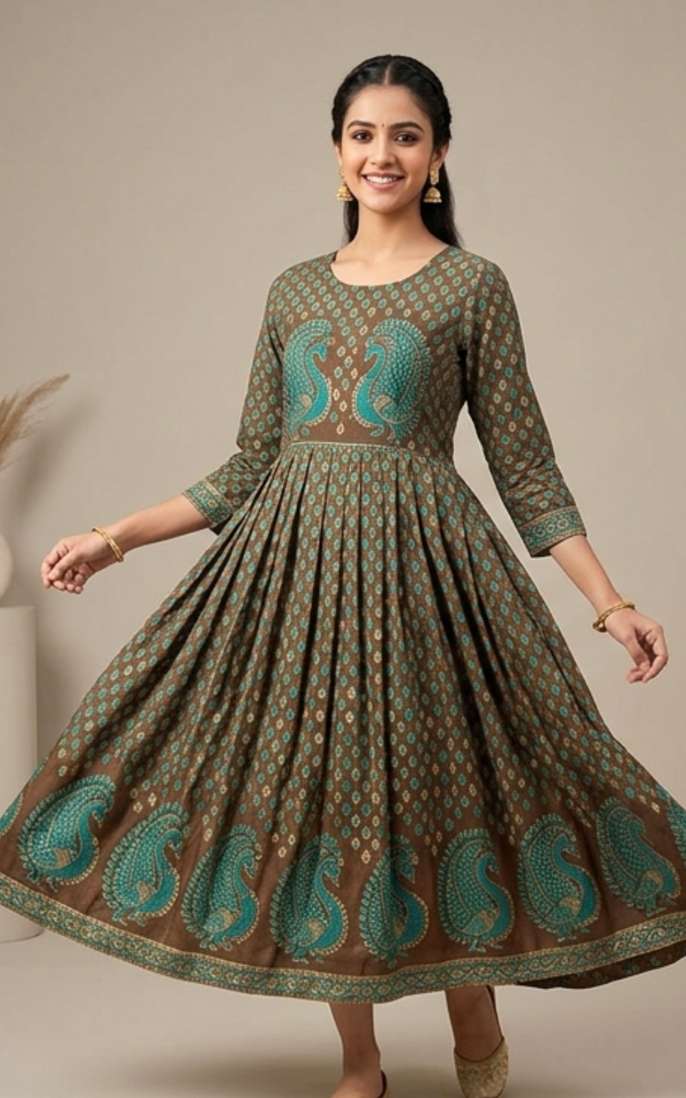 Green and Golden Brasso Silk Anarkali Long Kurti with Lining