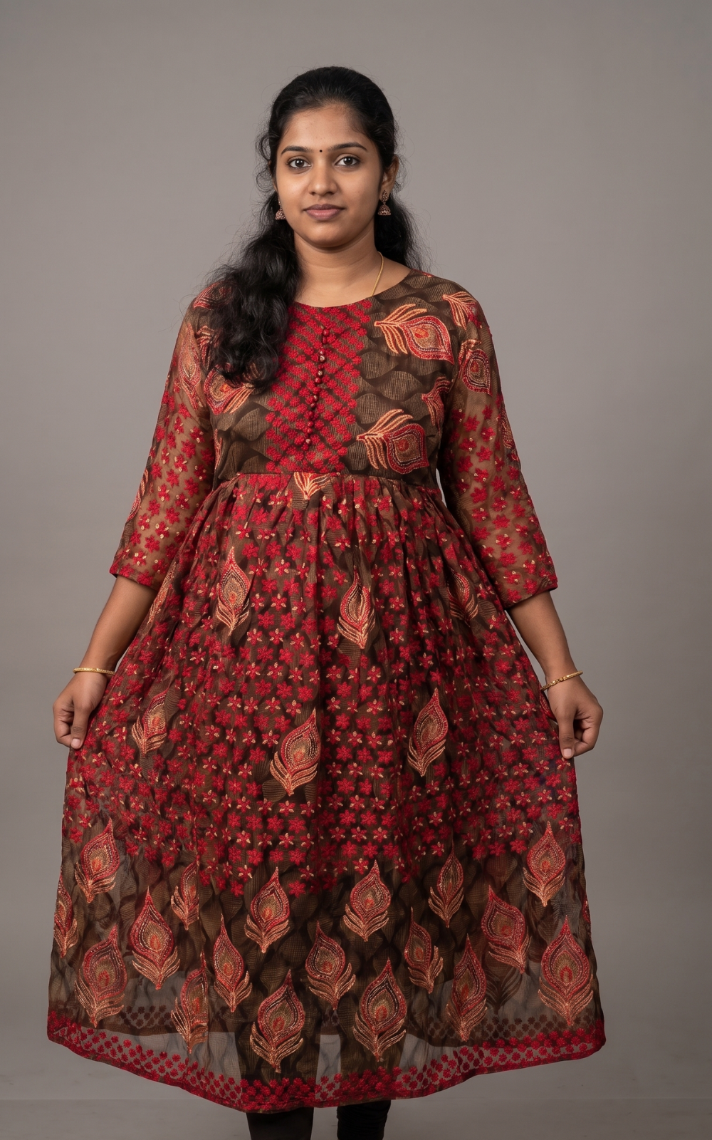 Red with Grey Brasso Silk Anarkali Long Kurti with Lining