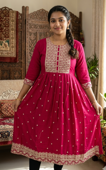 Dark Pink Vichitra Silk Heavy Sequence Work Kurti with Lining