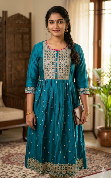 Peacock Green Vichitra Silk Heavy Sequence Work Kurti with Lining