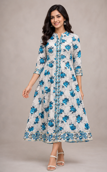 Premium Blue Floral Printed Umbrella Kurti for Women | Elegant A-Line Flared Ethnic Wear