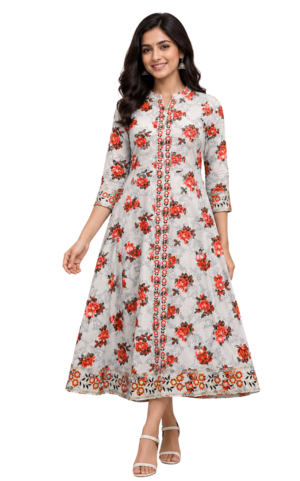 Premium Blue Floral Printed Umbrella Kurti for Women | Elegant A-Line Flared Ethnic Wear