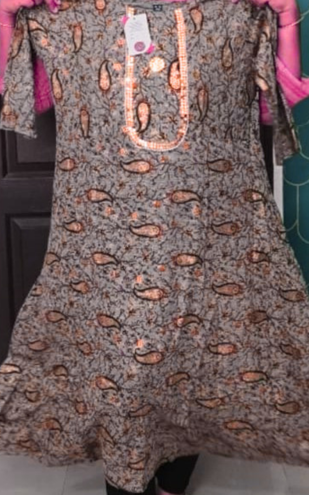 Women's Cotton Blend Long Kurti with Original Mirror Work | Flared Kurti