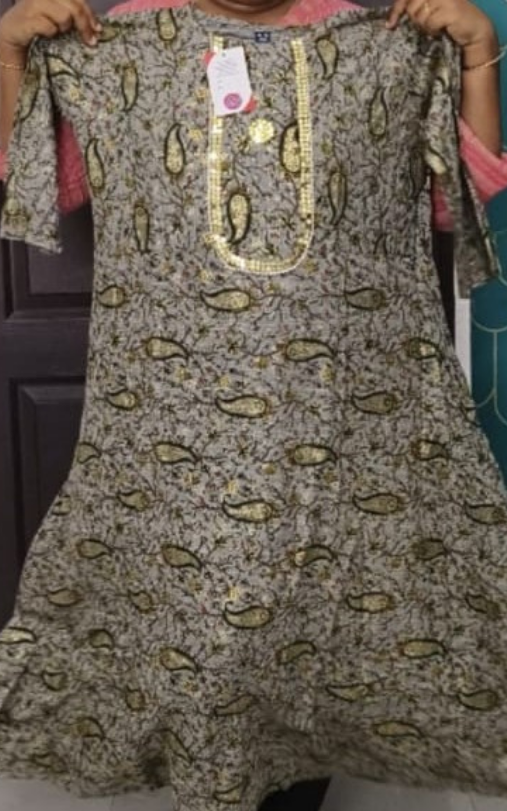 Women's Cotton Blend Long Kurti with Original Mirror Work | Flared Kurti