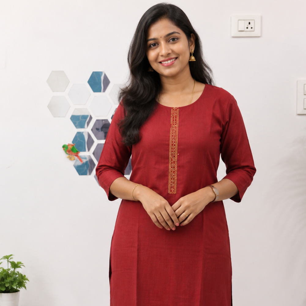 Premium Roman Silk Maroon Kurti for Women | Elegant Straight Kurti Online