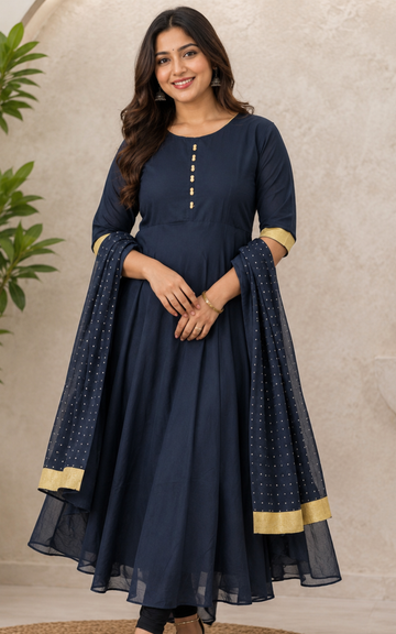Navy Blue Long Umbrella Gown with Dupatta for Women | Elegant Ethnic Wear