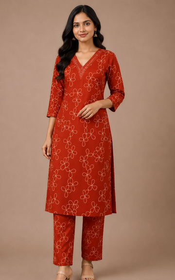 Rustic Orange Women's Premium Printed Co-Ord Set with Pocket | Stylish Top & Straight Pant Set