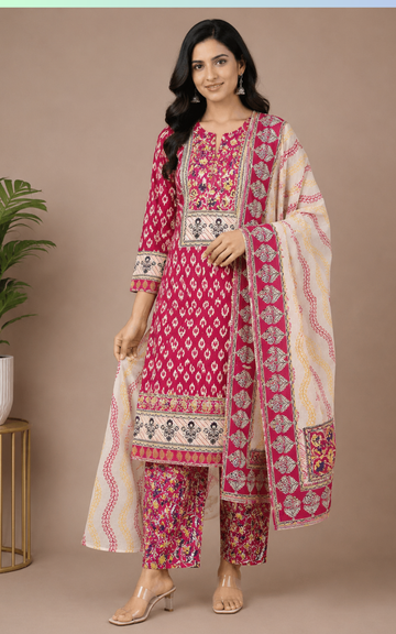 Pink Shade Premium Festive Wear Rayon 3-Piece Kurti Set for Women | Kurti Pant Dupatta Set