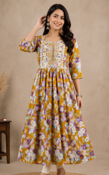 Stylish Floral Rayon Umbrella Kurti | Women's Daily Wear & Festive Ethnic Kurti