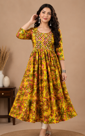 Premium Rayon Floral Umbrella Kurti for Women | Mirror Work Yoke | Stylish  Ethnic Kurti