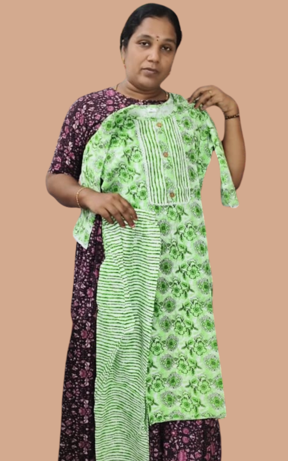 Cotton Floral Printed Kurti Set with Striped Bottom | Cotton Suit Set