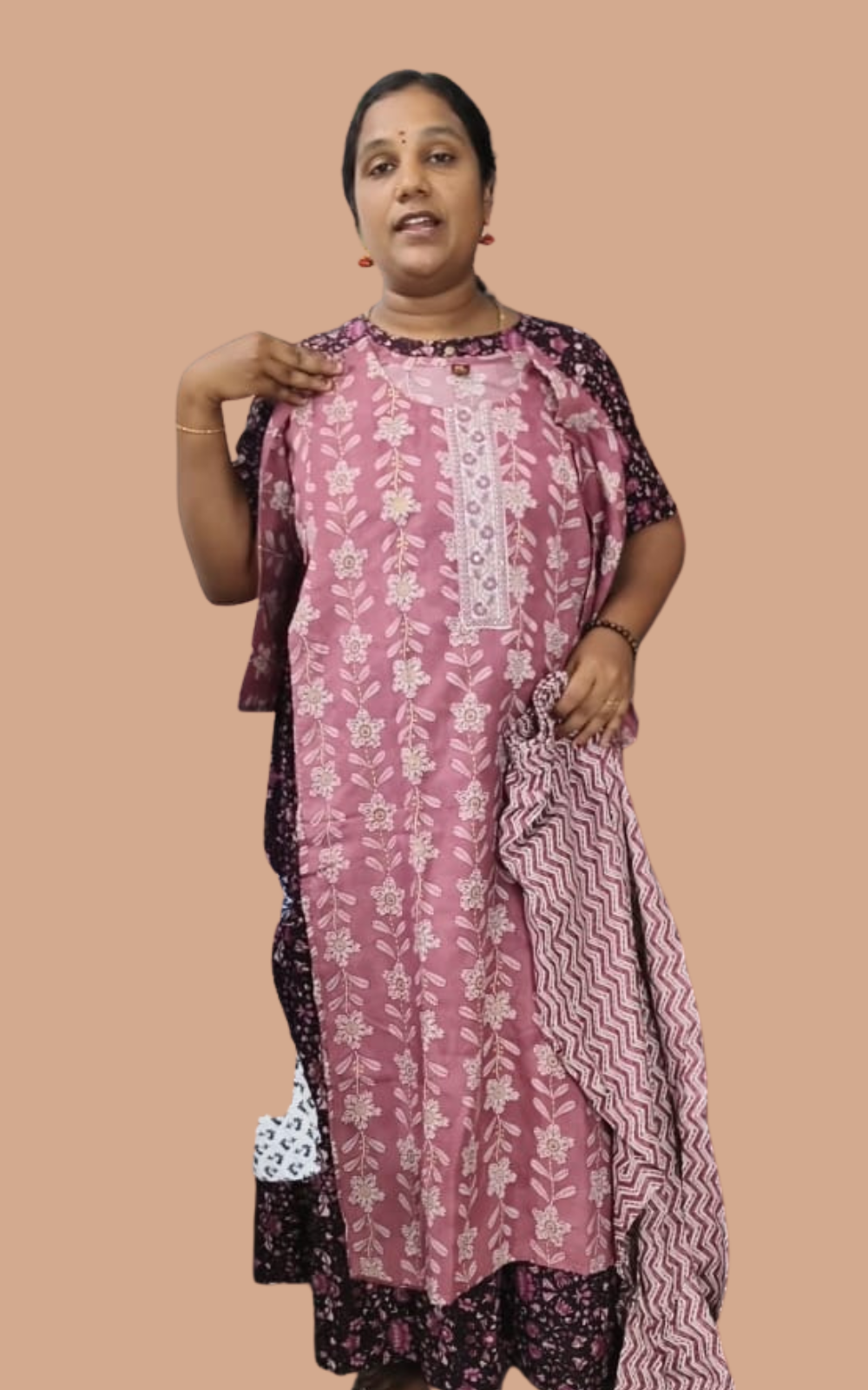 Cotton Floral Printed Kurti Set with Striped Bottom | Cotton Suit Set